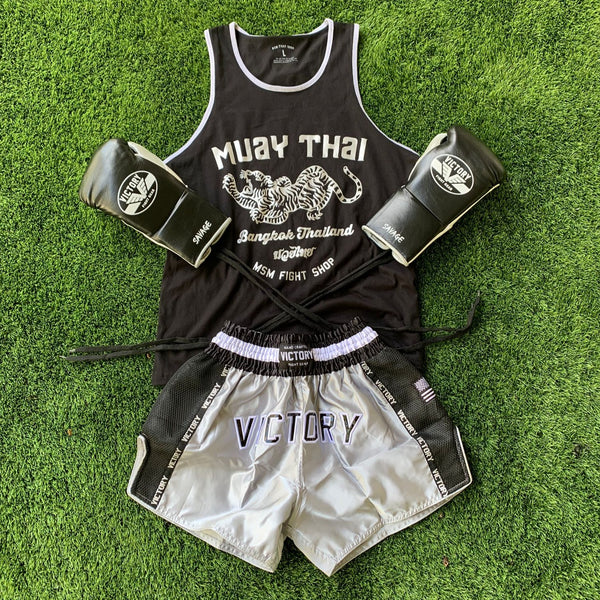 VICTORY MUAY THAI SHORTS IMPACT BLACK/SILVER/WHITE