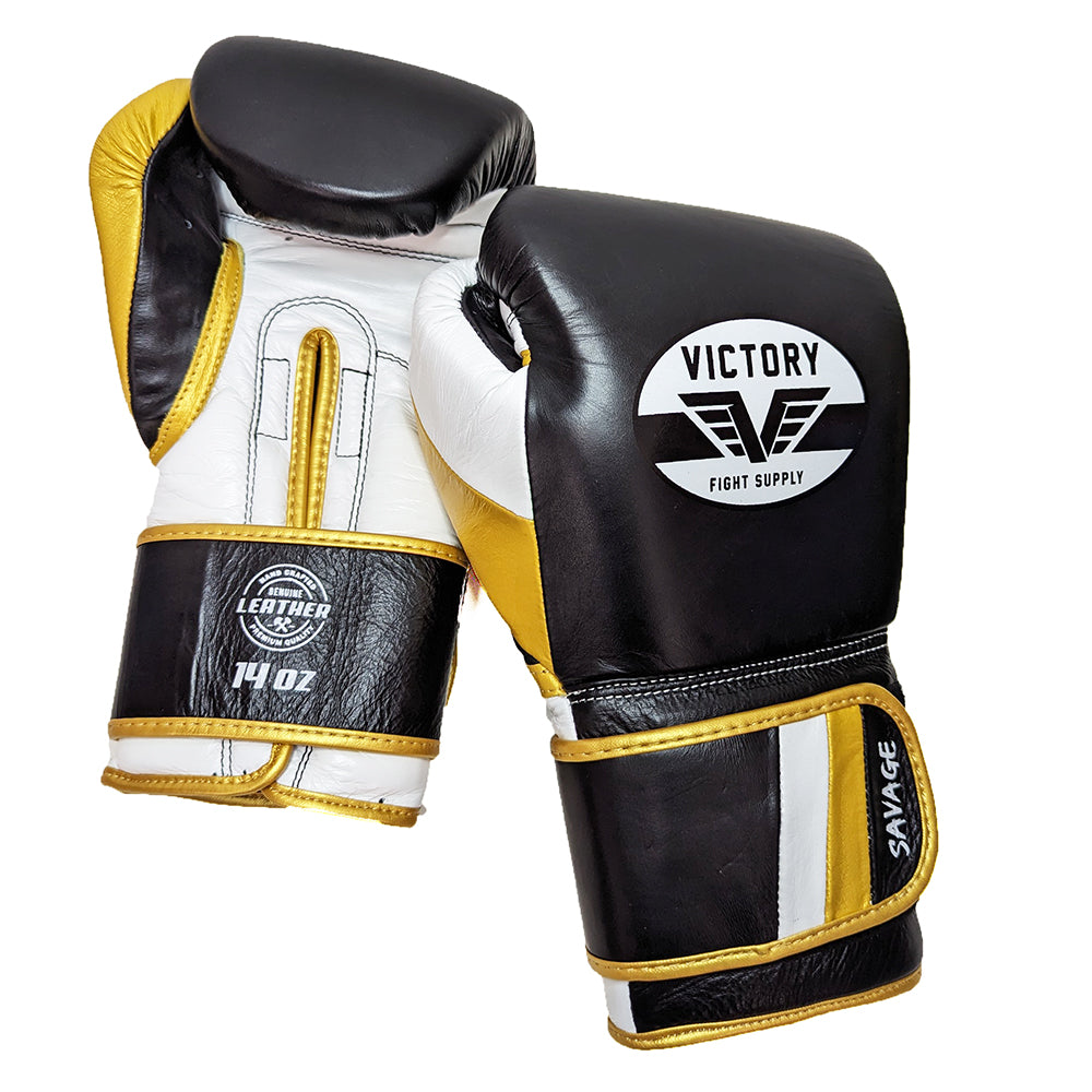 VICTORY GLOVES SAVAGE V2 LEATHER HOOK AND LOOP BLACK/WHITE/GOLD