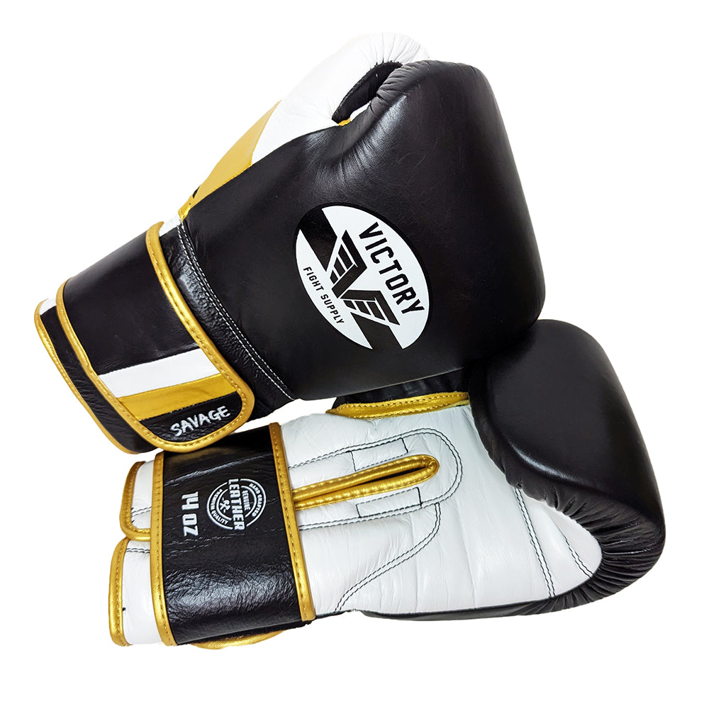 VICTORY GLOVES SAVAGE V2 LEATHER HOOK AND LOOP BLACK/WHITE/GOLD