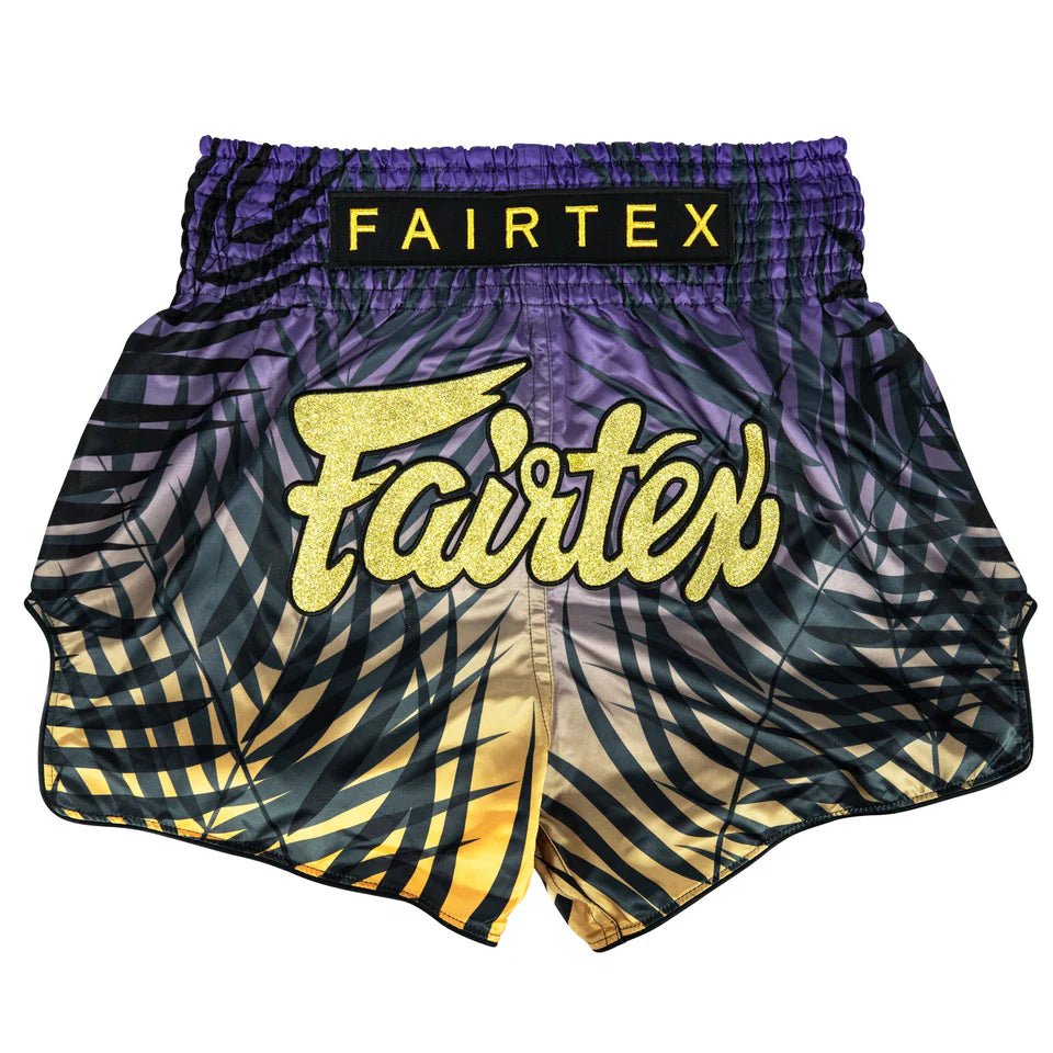 FAIRTEX THAI SHORTS SLIM CUT SATIN DAWN PURPLE/YELLOW