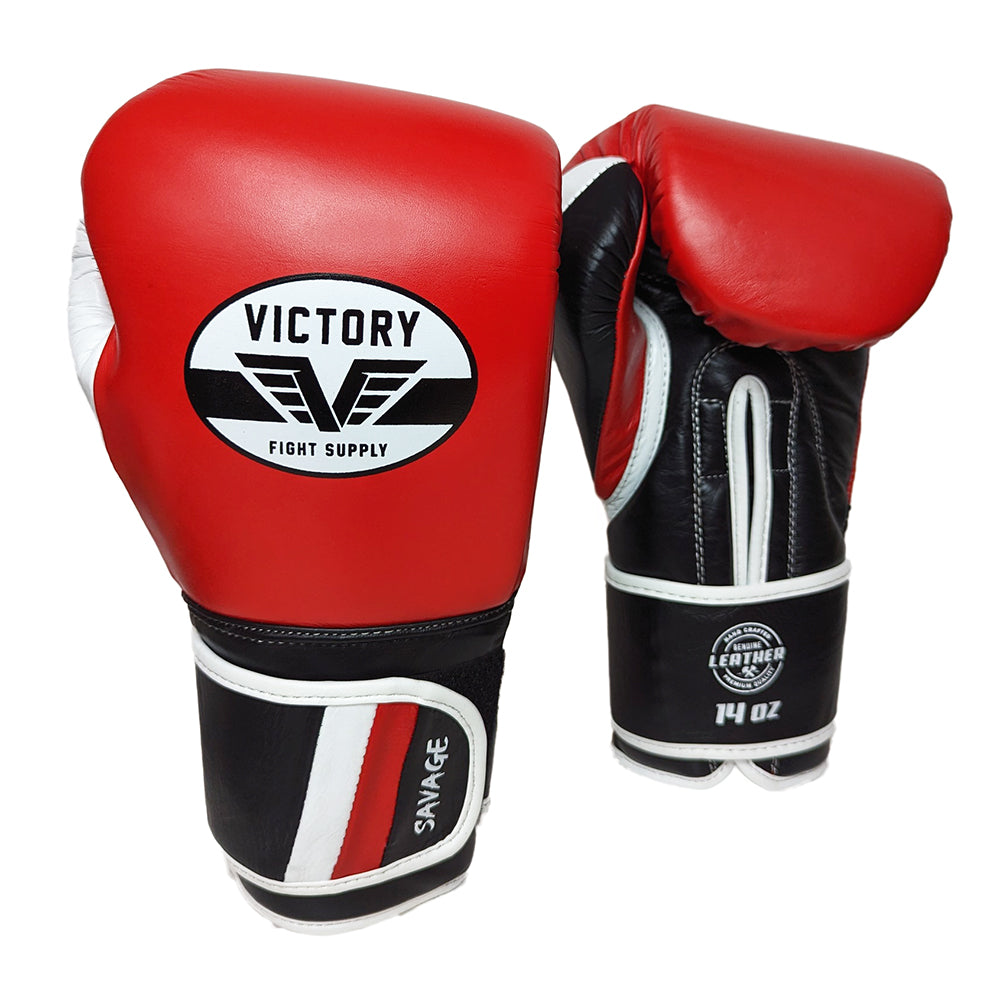 VICTORY GLOVES SAVAGE V2 LEATHER HOOK AND LOOP RED/BLACK/WHITE – MSM FIGHT  SHOP