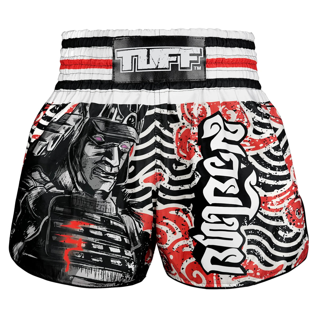 TUFF MUAY THAI SHORTS HIGH CUT RETRO WAVES OF BUSHIDO BLACK/RED