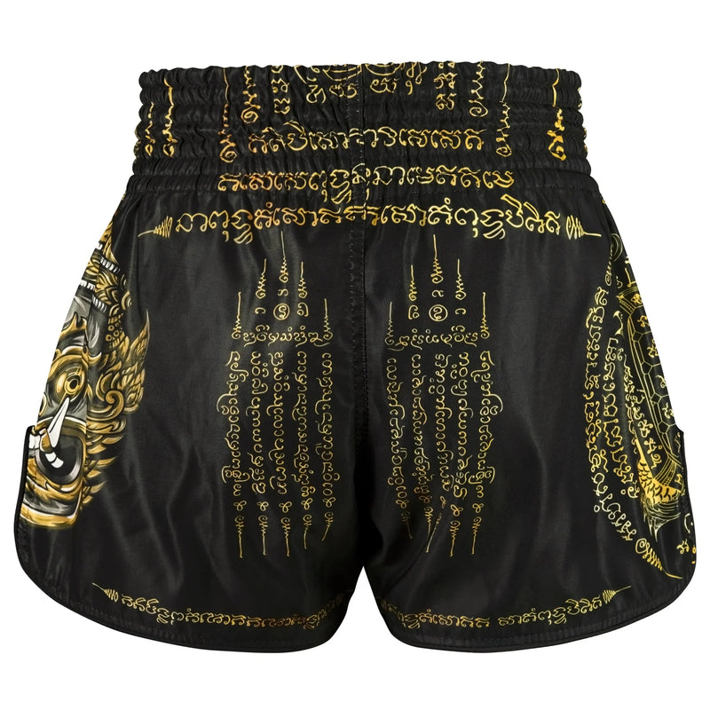 TUFF MUAY THAI SHORTS HIGH CUT RETRO YAKSA THAI SCRIPT BLACK