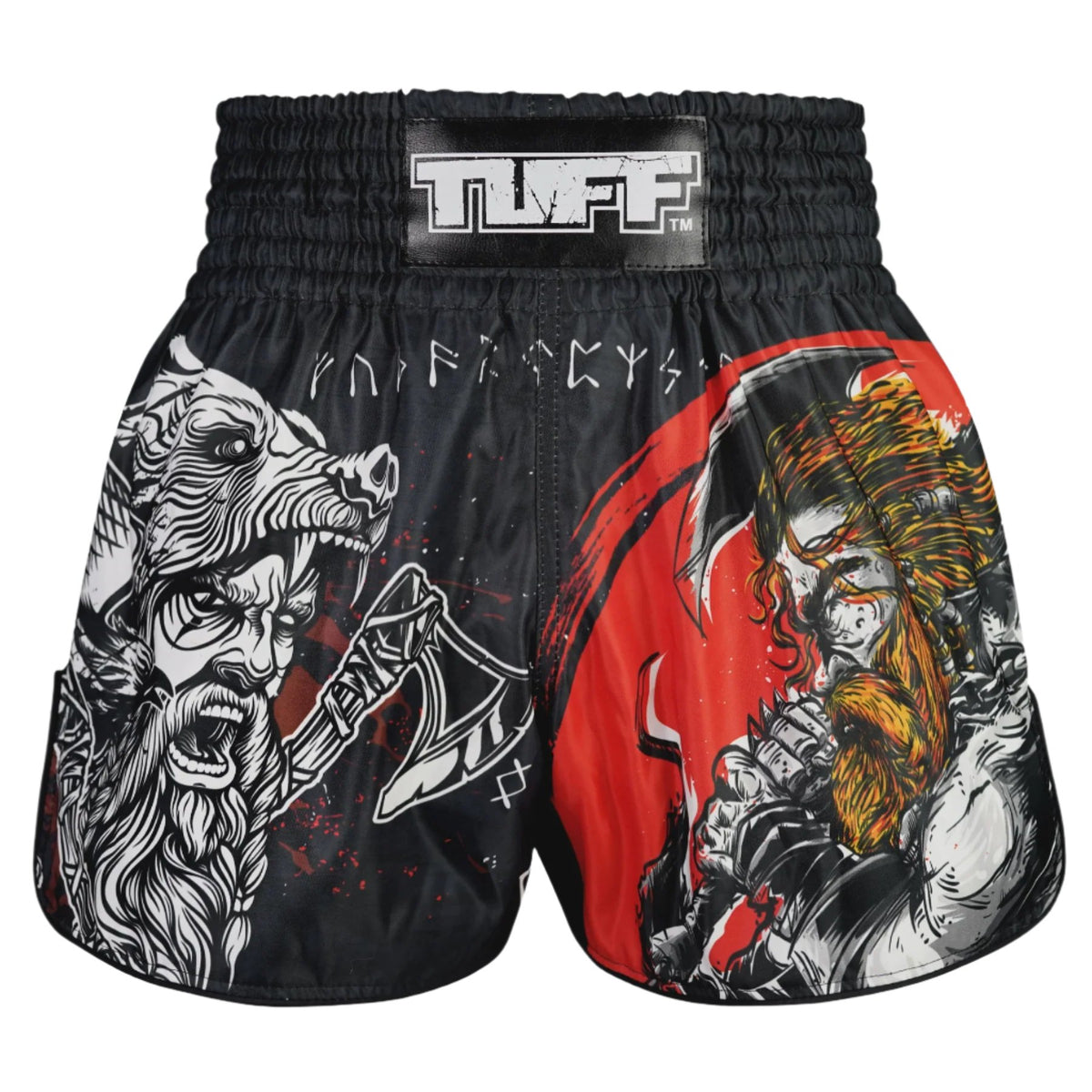 TUFF MUAY THAI SHORTS HIGH CUT RETRO THE BARBARIAN VIKING BLACK/RED