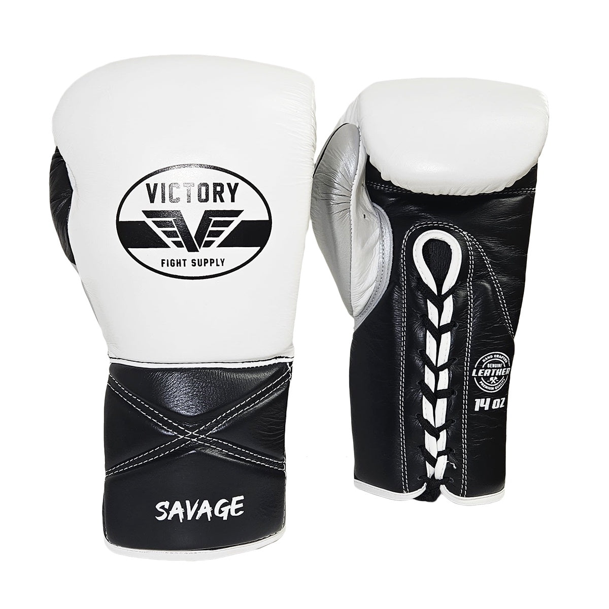 VICTORY GLOVES SAVAGE V2 LEATHER LACE UP WHITE/BLACK/SILVER