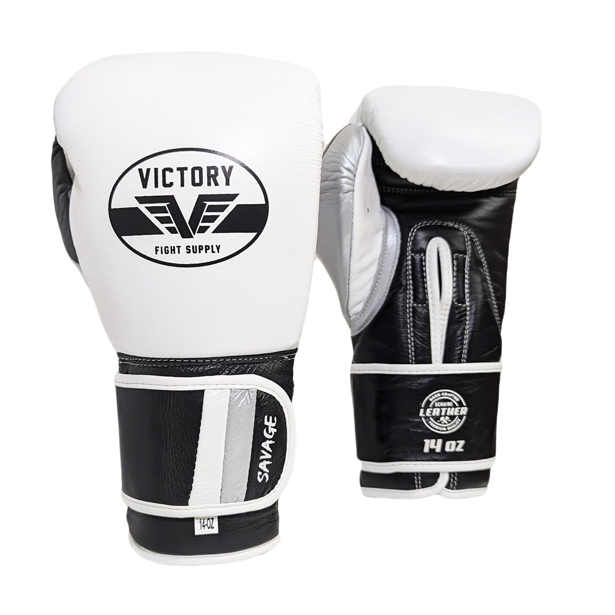 VICTORY GLOVES SAVAGE V2 LEATHER HOOK AND LOOP WHITE/BLACK/SILVER