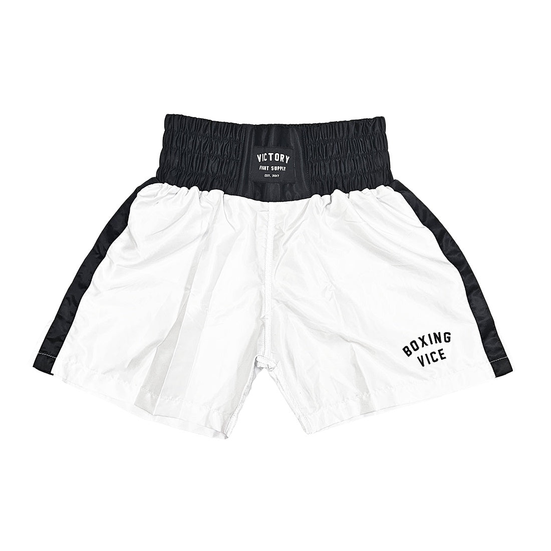 VICTORY BOXING SHORTS VICE SERIES SHORTER HYBRID CUT WHITE/BLACK