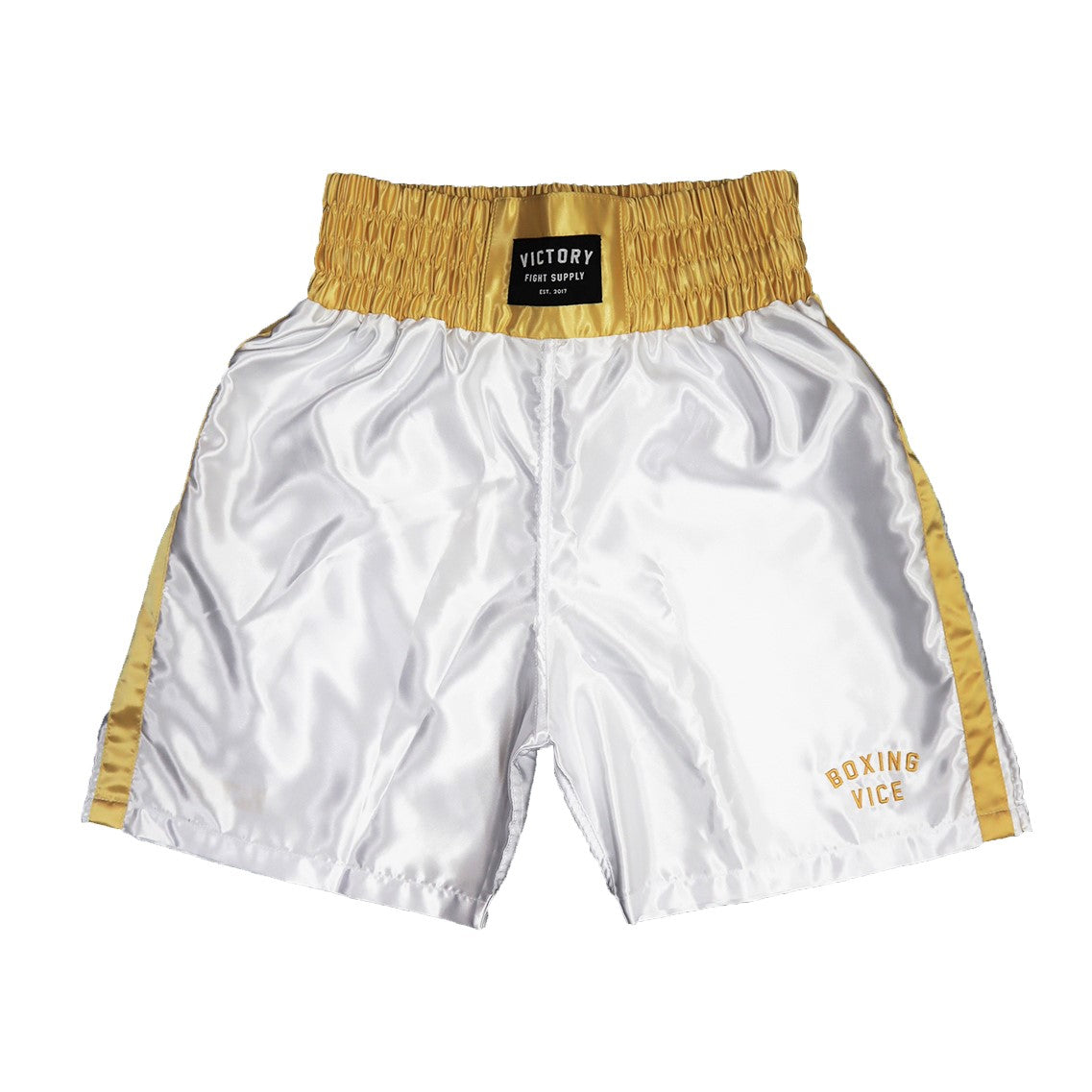 VICTORY BOXING SHORTS VICE SERIES SHORTER HYBRID CUT WHITE/GOLD