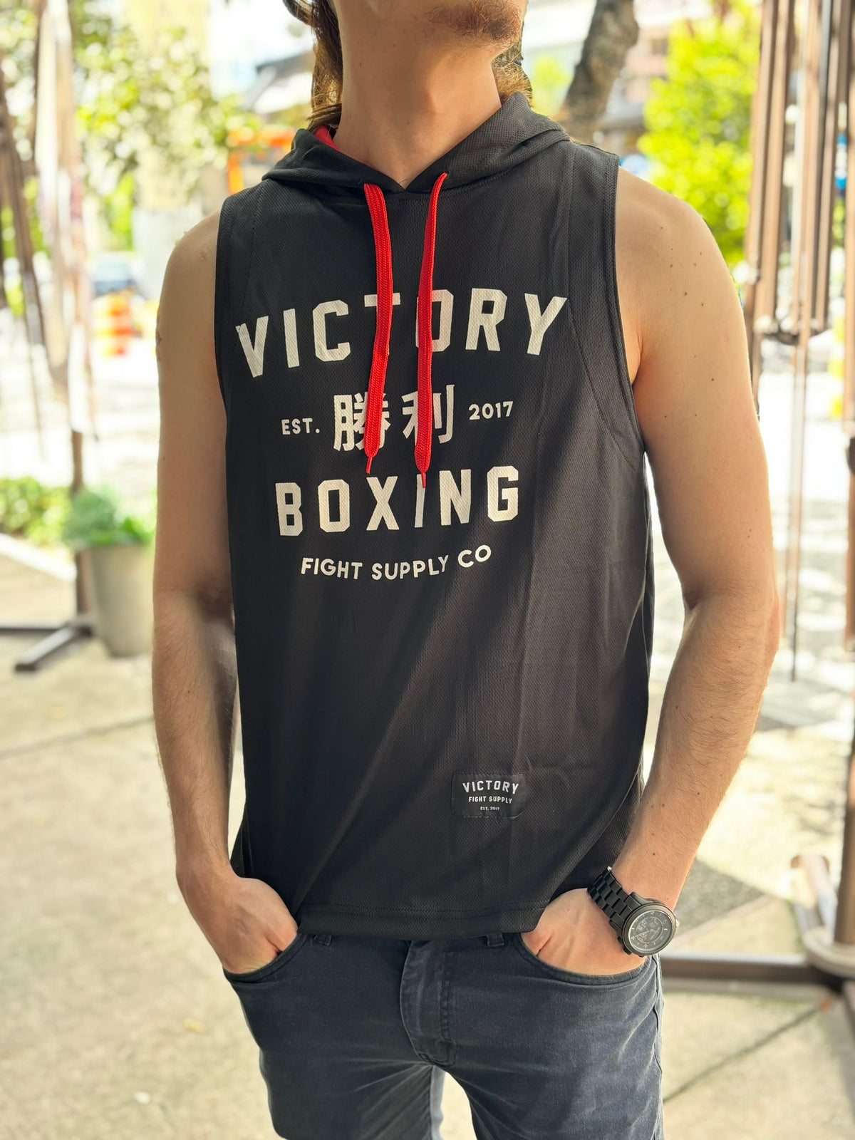 VICTORY SLEEVELESS HOODIE TRAINING BOXING KANJI BLACK/RED/WHITE