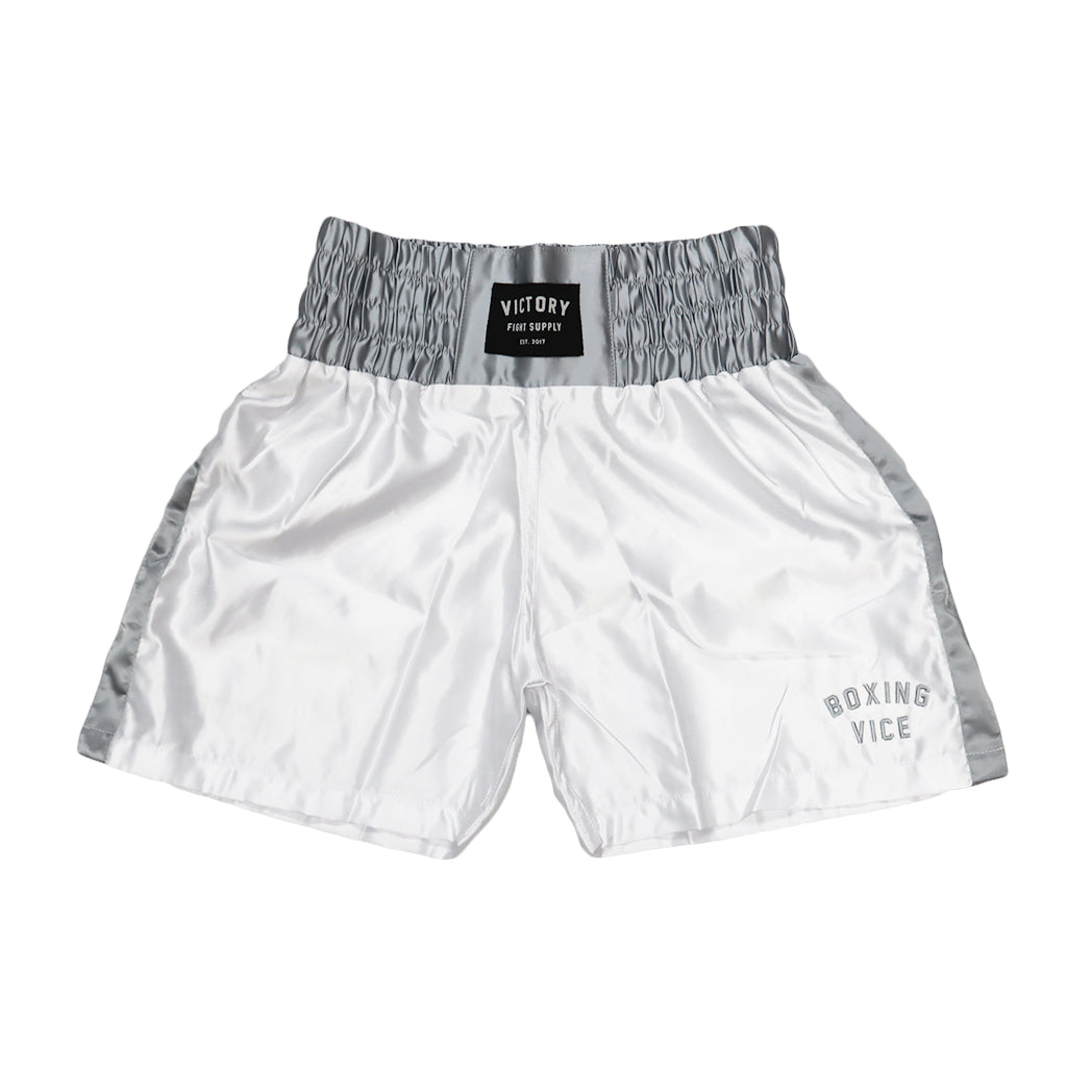 VICTORY BOXING SHORTS VICE SERIES SHORTER HYBRID CUT WHITE/SILVER