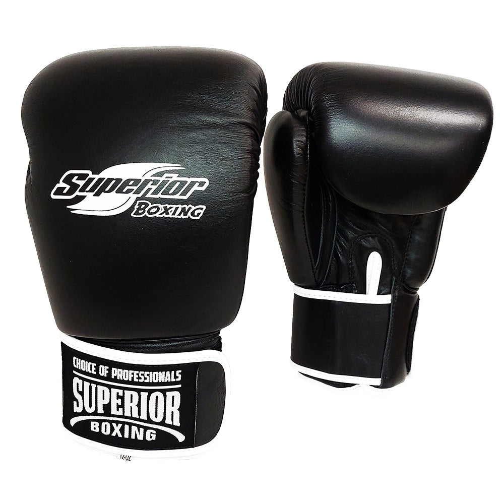 SUPERIOR GLOVES MUAY THAI BOXING LEATHER HOOK & LOOP BLACK