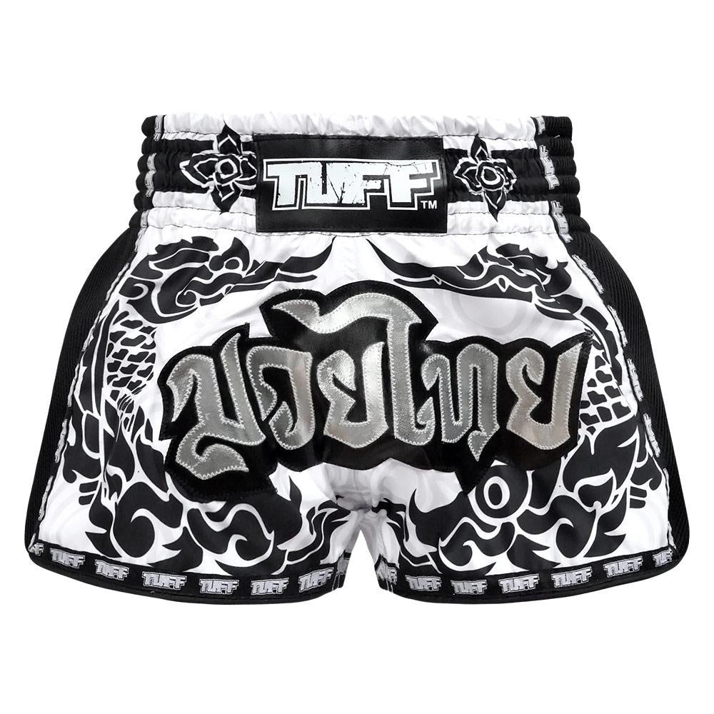 TUFF MUAY THAI SHORTS RETRO STYLE DRAGON WHITE/BLACK