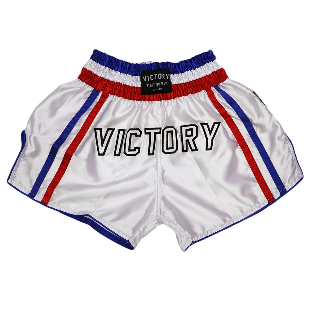 VICTORY MUAY THAI SHORTS IMPACT V2 WHITE/BLUE/RED