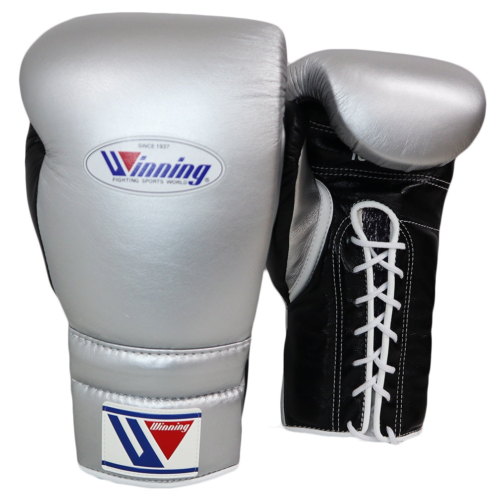 WINNING GLOVES CUSTOM LACE 16OZ SILVER/ BLACK – MSM FIGHT SHOP